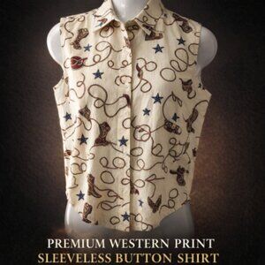 VTG Western Quizz Sleeveless Top Cowboy Boots Rope Stars Women's Size Med NWT